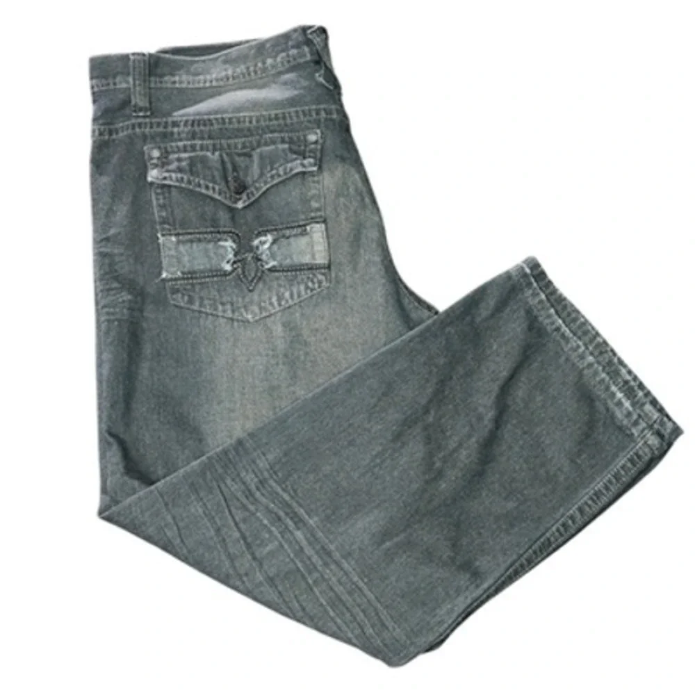 Xtreme Couture Men's W46xL32‎ Relaxed Fit Jeans Dark Gray Distressed Embroidered